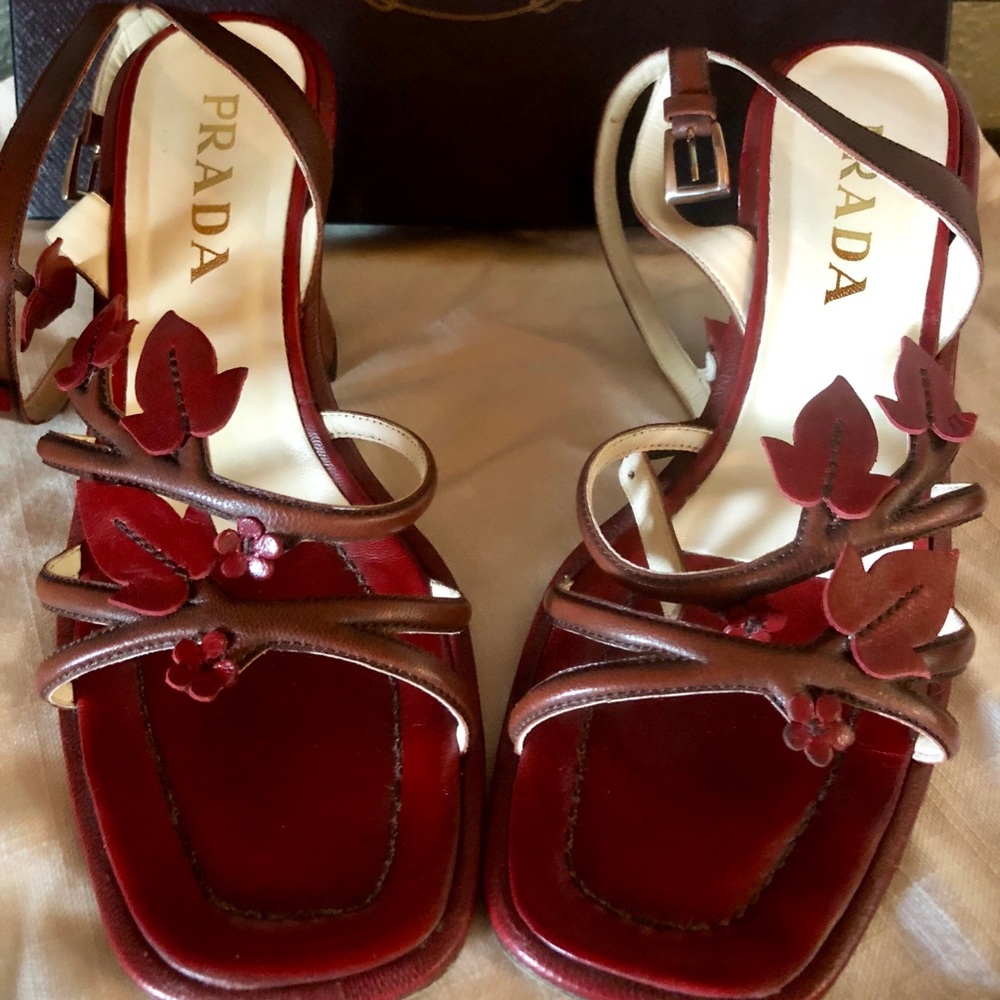 Prada Embellished Red Leather Wedge Sandals